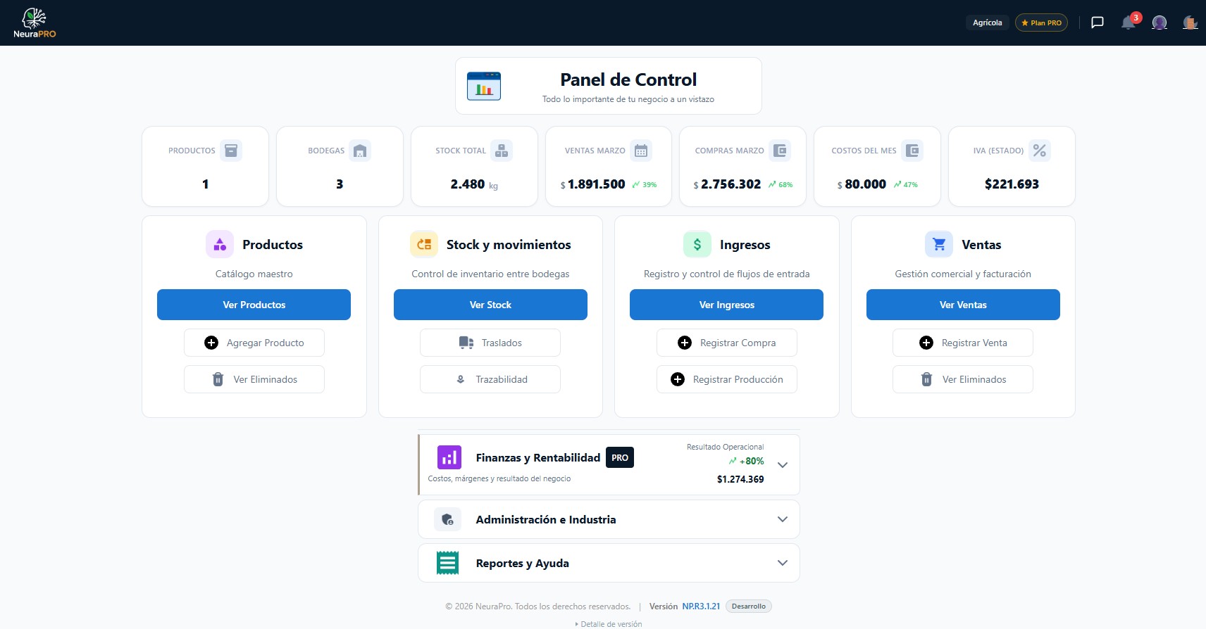 Panel de control NeuraPRO v2